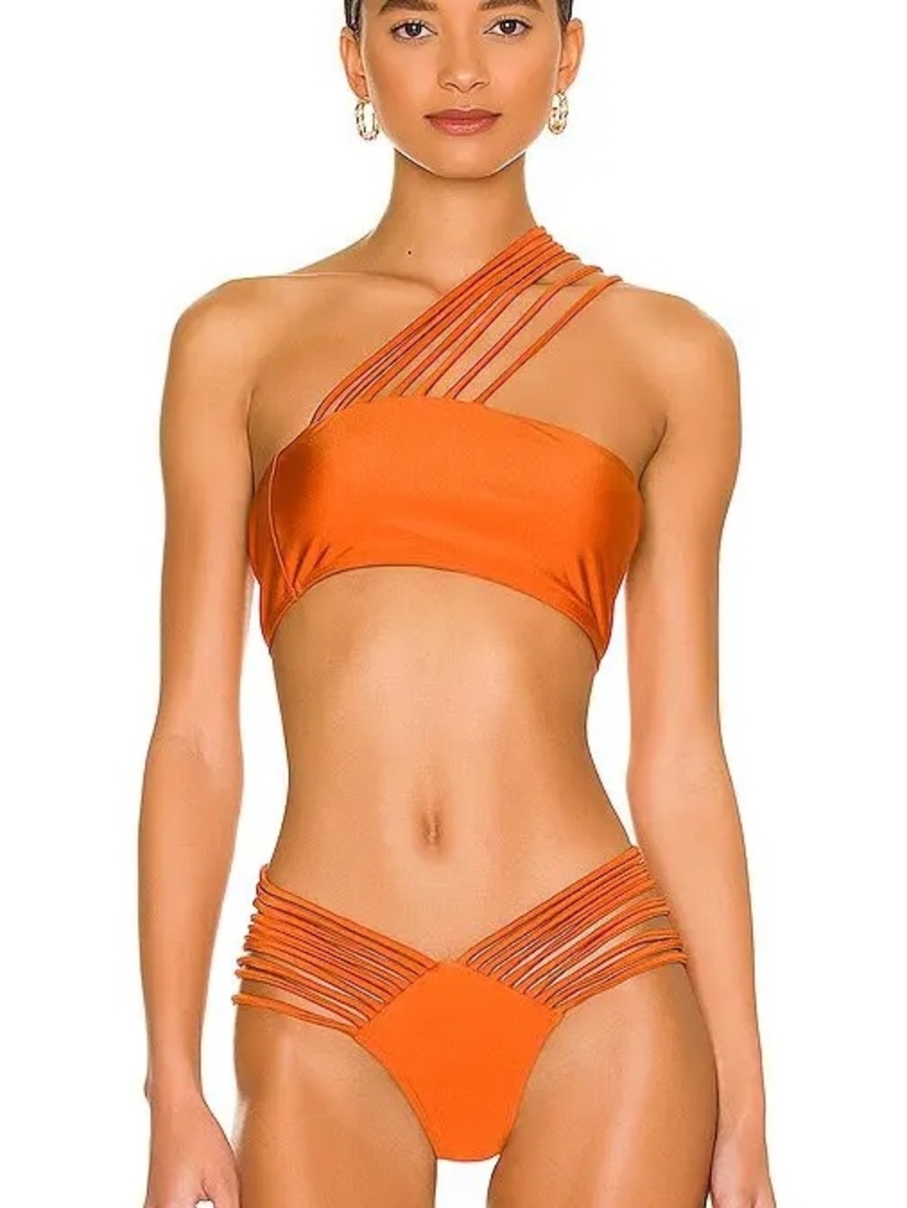 Camila Coelho Cristiano set in burnt Orange One-Shoulder Strappy Bikini